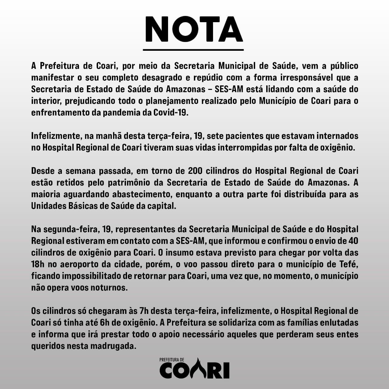CIDADE  DE COARI AMANHECEU DE LUTO, JUSTIÇA REAGE, E OBRIGA GOVERNO DO AMAZONAS A LIBERAR OS CILINDROS DE OXIGÊNIO